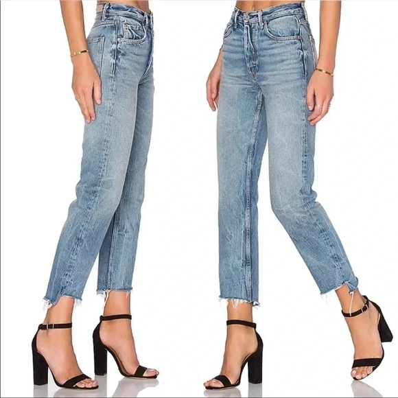 GRLFRND Helena High Rise Straight Leg Jeans Button Fly Raw Hem Premium Size 27 - Picture 1 of 13
